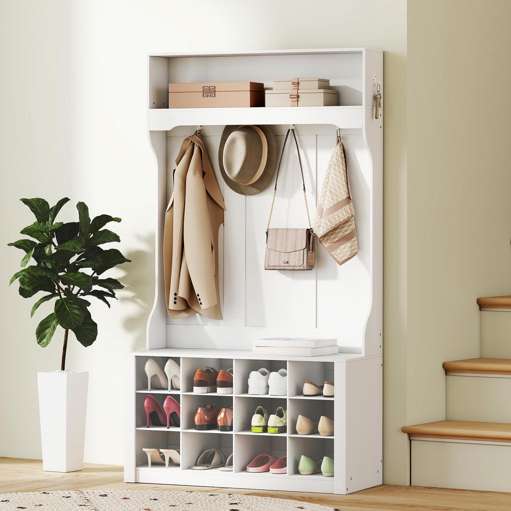 Hallway Coat Rack with Shelf, Bench, Hooks, Shoe Compartments, Particleboard, MDF, White