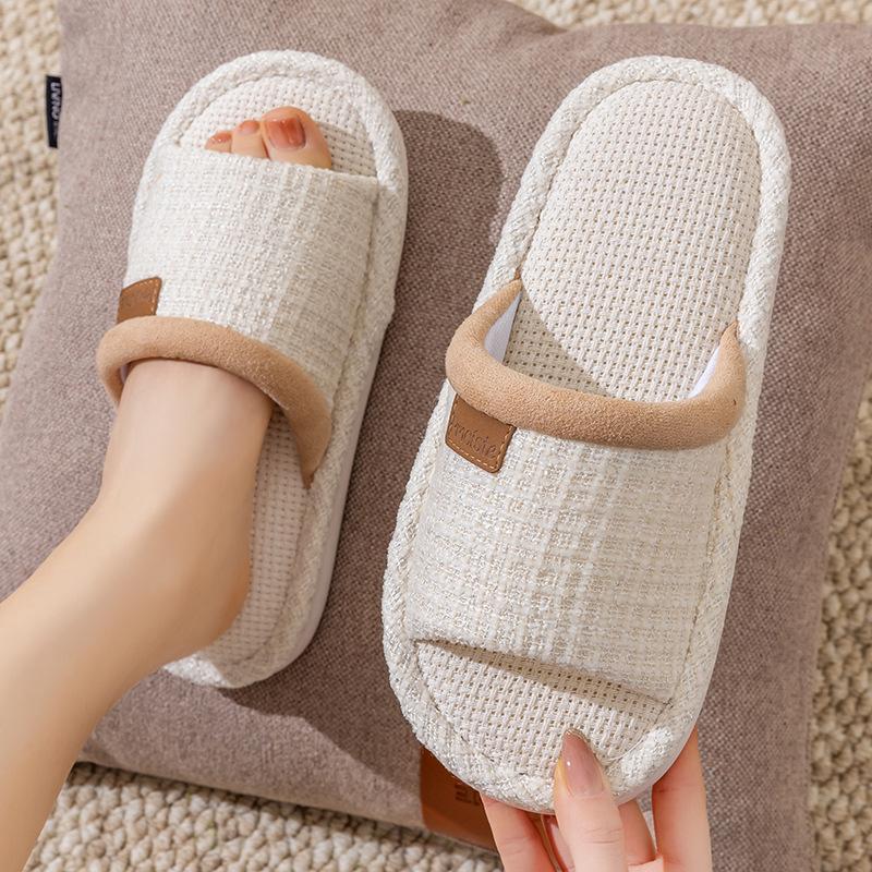 Linen slippers women's thick bottom four seasons universal indoor spring and autumn summer home use cotton and linen drag non-slip men