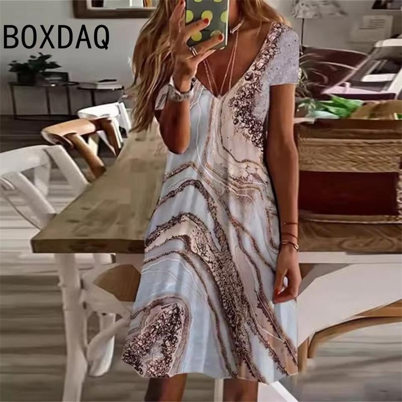 The Latest 2025 Women's Sundress V-Neck Short Sleeve Floral Print A-Line Dress