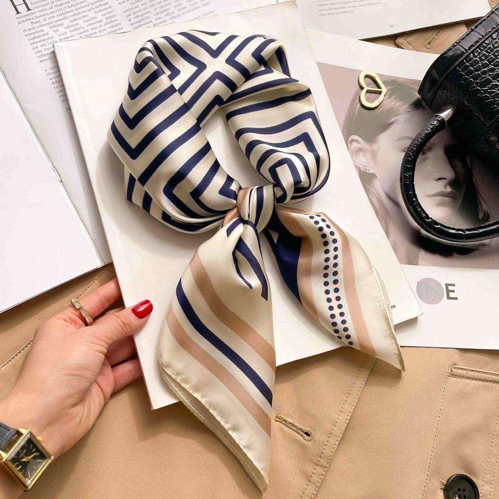70cm White Stripe Nordic Style Silk Scarf Women Large Square Shawl Simple Chic Decorative Versatile Headwear Clothing Bags Scarf