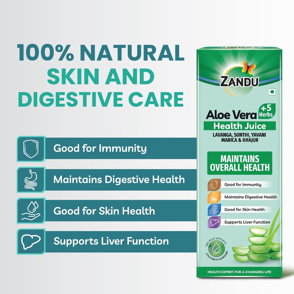Zandu Aloe Vera + 5 Herbs Health Juice 1000 ml Ayurvedic Herbal Drink No Added Sugar Daily Wellness Digestive Skin Support