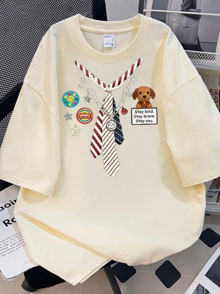 American Dog Tie Pure Cotton ShortSleeved TShirt Unisex And Unisex Summer Loose All Match Show Thin And Small Lovers Top