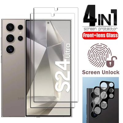 4 en 1 [déverrouillage d'identification par empreinte digitale] 2 pièces de protection d'écran en verre trempé 2 pièces de verre d'objectif pour Samsung Galaxy S24 / S24+ / S24 Ultra / S23 S23+ S22 5G S21 Plus
