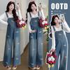 Spring Korean Casual Denim Overalls + Modal Cotton T-shirt Set