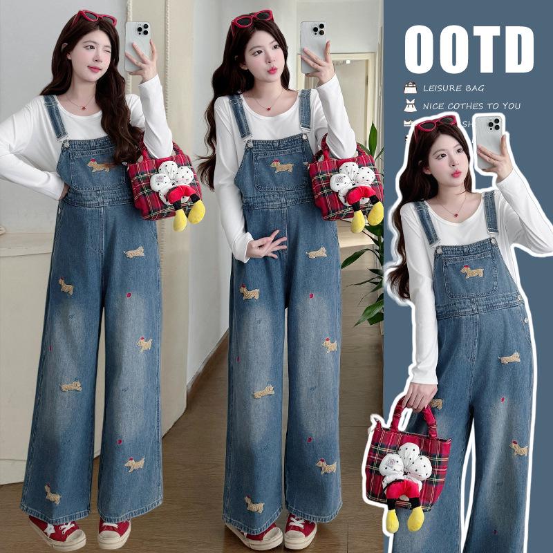 

Spring Korean Casual Denim Overalls + Modal Cotton T-shirt Set Medium