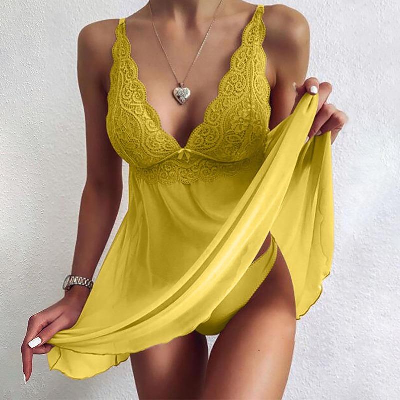 Dámská móda Sexy krajka Sexy Sling noční košile Jednobarevné spodní prádlo