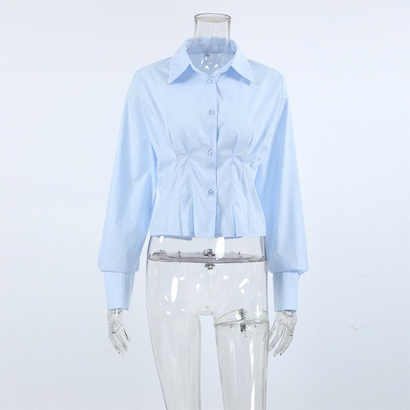 Plissert Slim Fit Topp Dame Bomullsskjorte Pendler Polokrage Langermet Ensfarvet Bluser Enkeltspent Kort Topp Elegant Kontordame Sommer