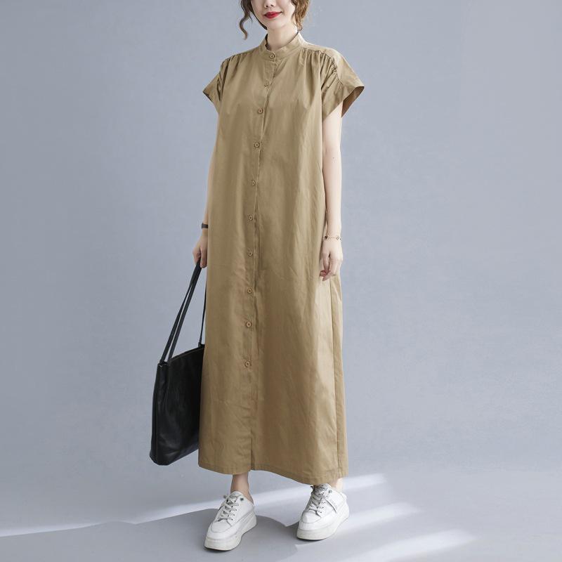 

2025 Summer Plus Size Stand Collar Short Sleeve Cotton Dress - Loose, Casual, and Slimming Fit for Women One Size хакі