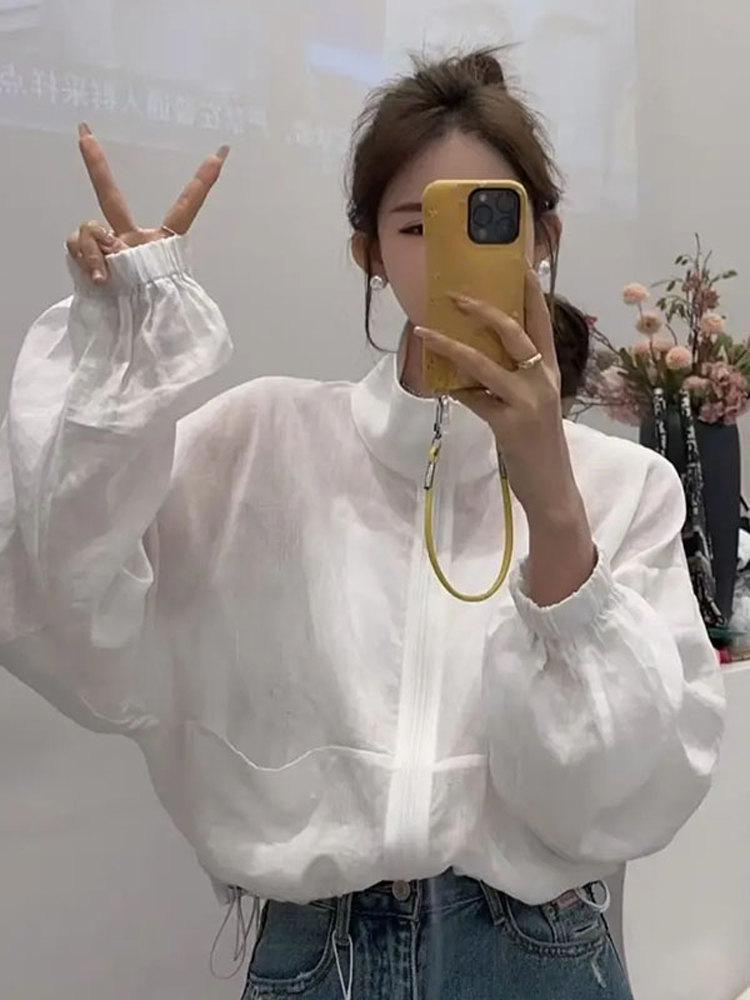 

Весна/Лето 2025 Корейская Мода Универсальная Куртка с Воротником-Стойкой, Приталенная, Однотонная, на Молнии, Защита от Солнца Large грязно-белый