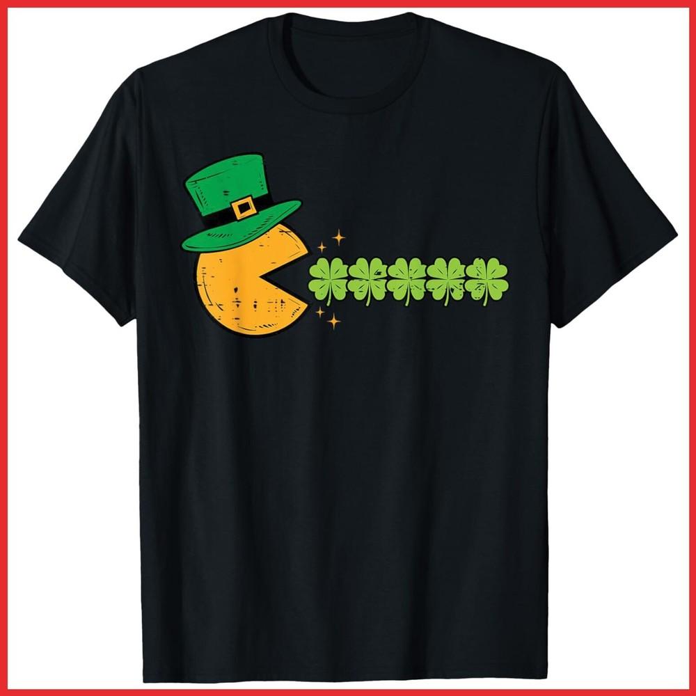 Retro St Patricks Day Eating Shamrock Gamer Black Cotton T-Shirt Unisex T-Shirt S