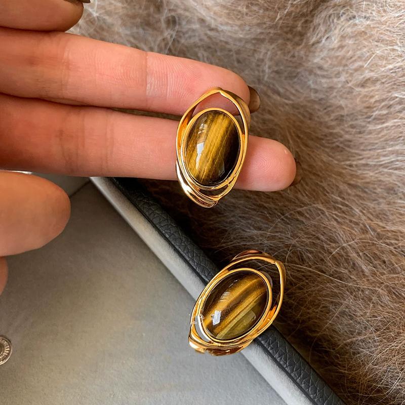 Vintage Maillard Brown Resin Stud Earrings for Women Luxury Tiger's Eye Stone Metal Frame Earrings High-Level Jewelry Daily Wear