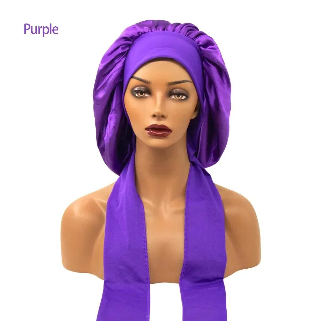

Women Satin Widened Sleep Hat Night Sleep Cap with Long Streamer Hair Care Bonnet Nightcap Shower Turban фиолетовый