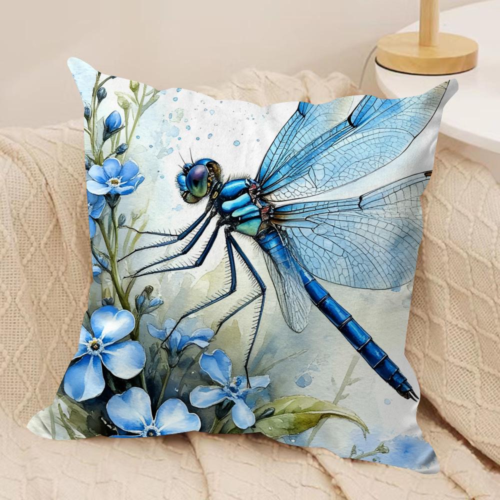 Watercolor Dragonfly and flower Cushion Cover Short plush Doublesided Print Square Throw Pillow Covers Sofa Home Cushion Decor