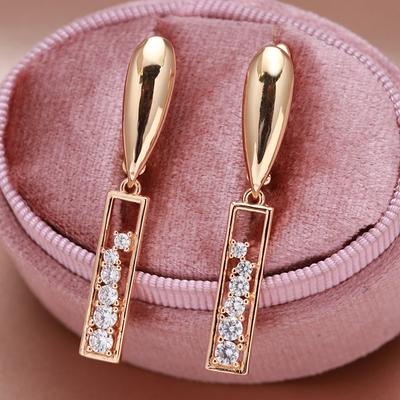 1 Pair Golden Color Long Drop Earrings Flawless Smooth Cilp Women Earring Hollow White Zircon Party Fine Fashion Jewelry Hoop Earrings
