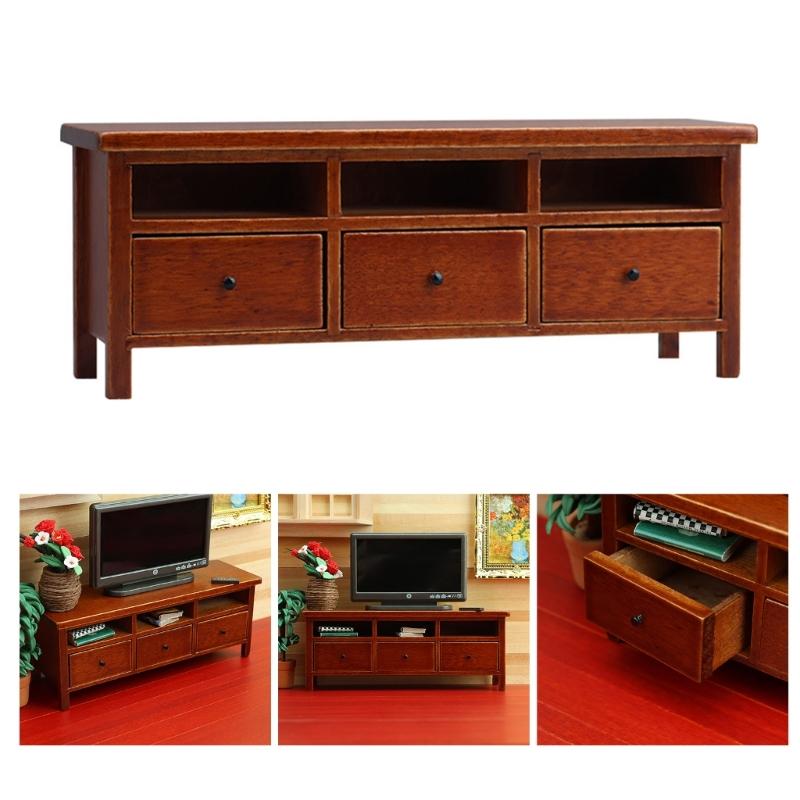 Miniature Wood TV Cabinet With Functional Drawer Doll House Living Room Scene Display Accessory Craft Model Furniture