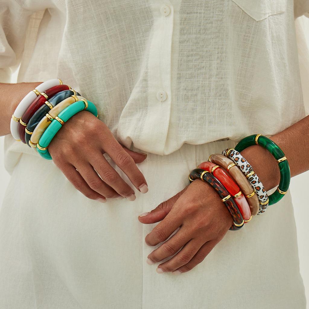 Vintage Stackable Acrylic Bracelets for Women Bohemian Round Retro Tube Beaded Bracelet Bangles Leopard Resin Elastic Bangle  Jewelry Gift