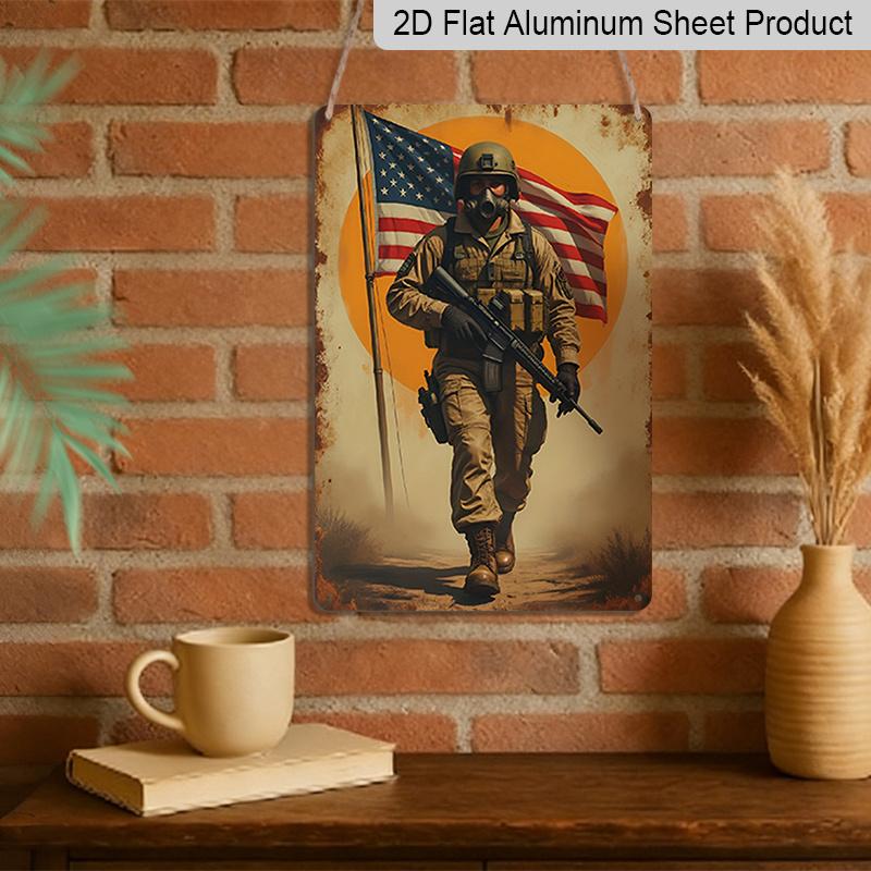 2D Flat Decorative Aluminum Sign Plaque 1pc 8x12 Inch Sign with Message "American Flag and Soldiers" Perfect Room Decor for Veteran Room, Living