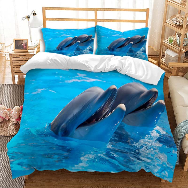 Comforter Dolphin Cute Jumping Dolphins Bedding Set Microfiber Marine Animals Comforter With 2 Pillow Sham Twin King