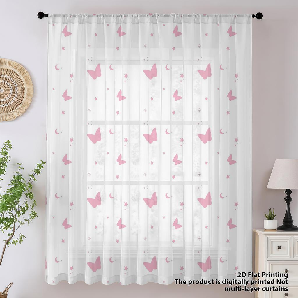 1 st Ljusrosa Fjäril Fönstergardin Drömsk Söt Elementstil Stånggenomförd Dekorativ Fönsterduk för Vardagsrum Och Sovrum