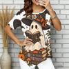 Womens Plus Size Short Sleeve Top Western Cowboy Skeleton Pumpkin Floral Print Irregular Pointed Hem Casual Blouse