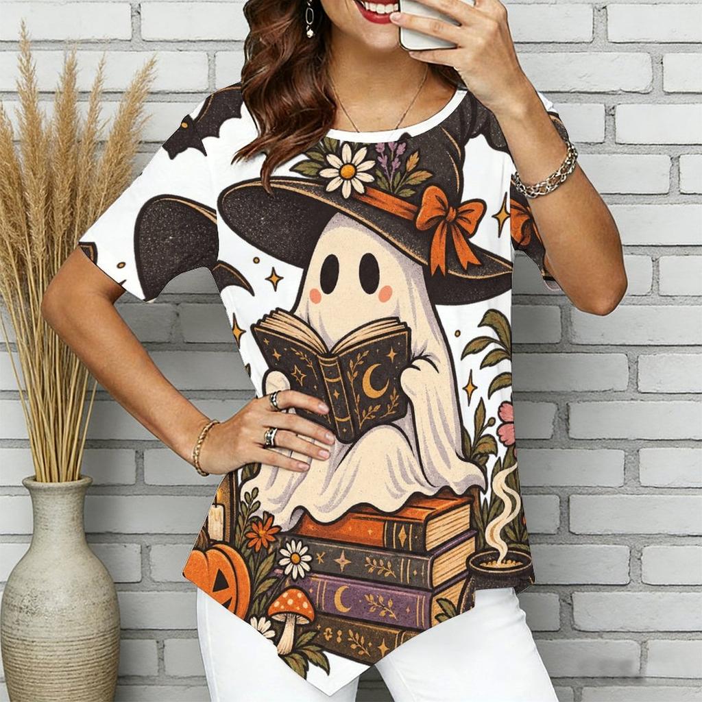 Womens Plus Size Short Sleeve Top Western Cowboy Skeleton Pumpkin Floral Print Irregular Pointed Hem Casual Blouse