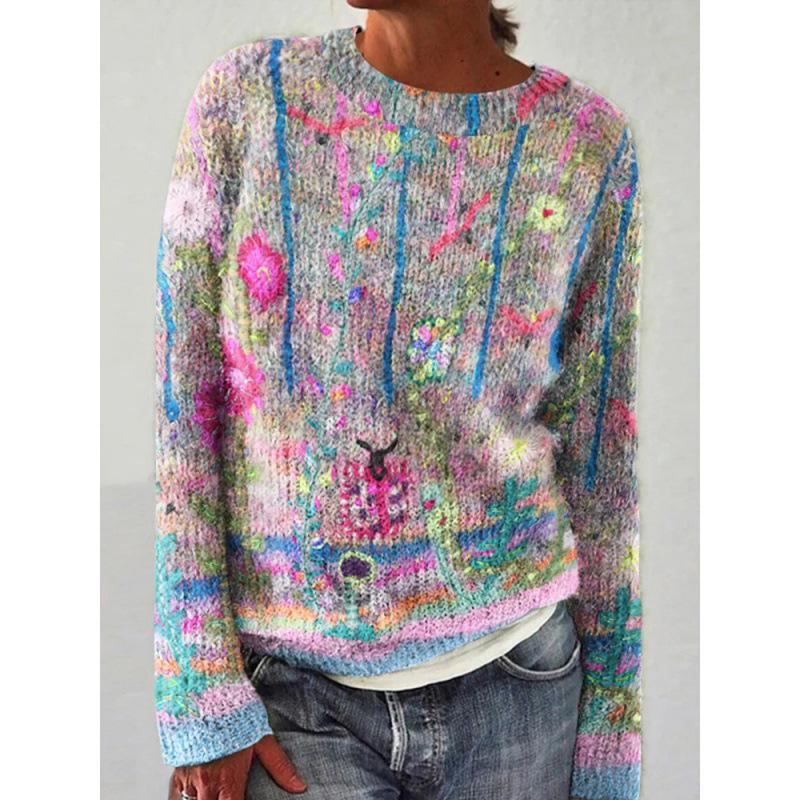 Spot 3D Printed Women's Floral Pattern Pullover Hoodie Without Hat Casual Loose Long Sleeved Top