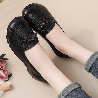 Gute Qualität Damen Schuhe Schwarz Runde Zehe Echtleder Mokassins Frau Vintage Herbstschuhe 2024 Mode Leder Ballerinas