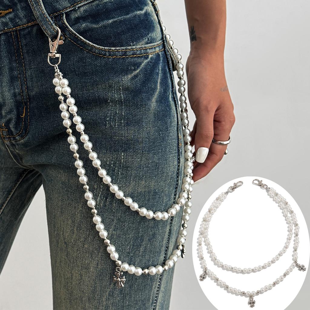 Hip-Hop Cross Pendant, Jeans Chain Pendant, Retro Imitation Pearl Beaded Waist Chain Pendant.