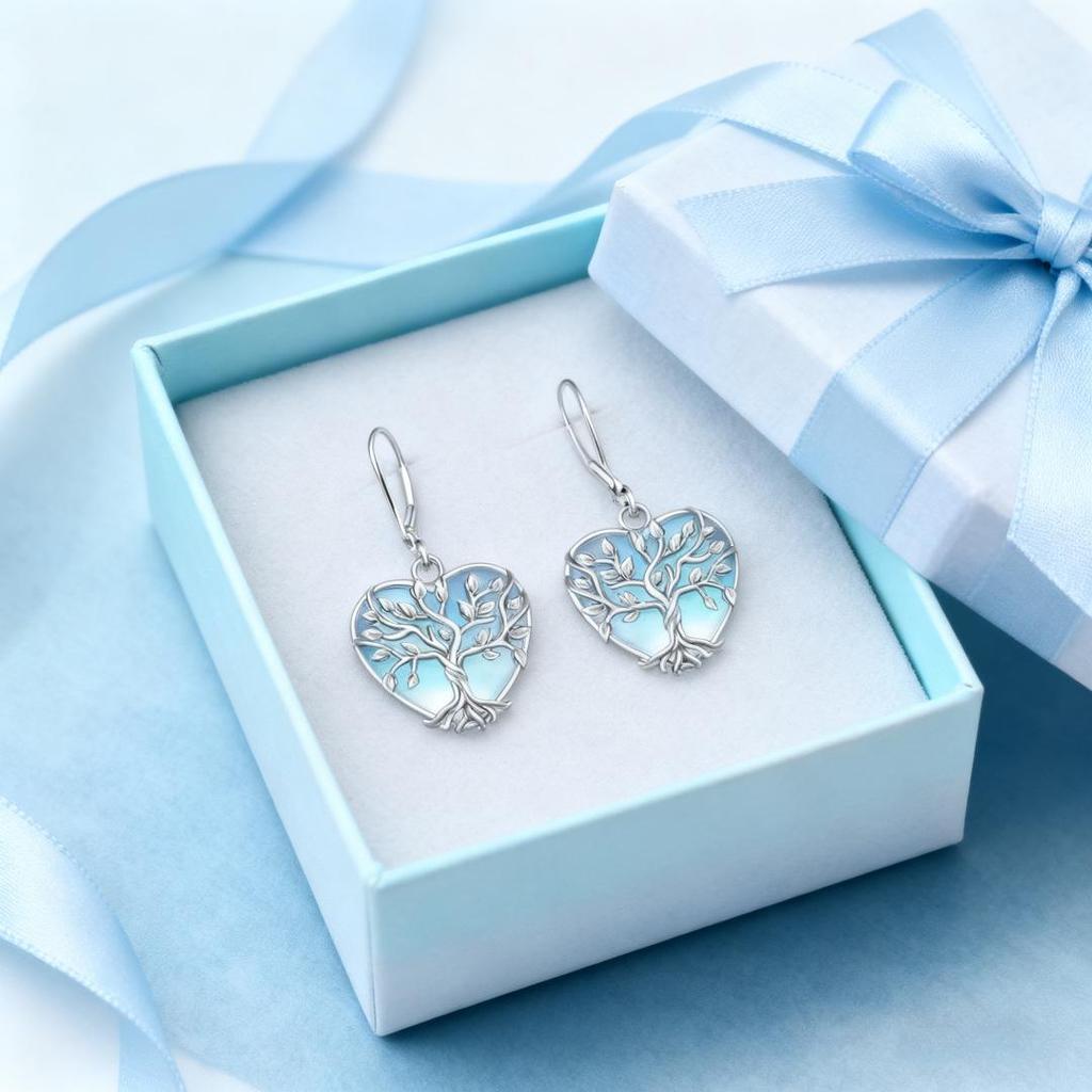 Moonstone Earring & Necklace Set - Heart Tree of Life, Luxurious European & American Style for Women