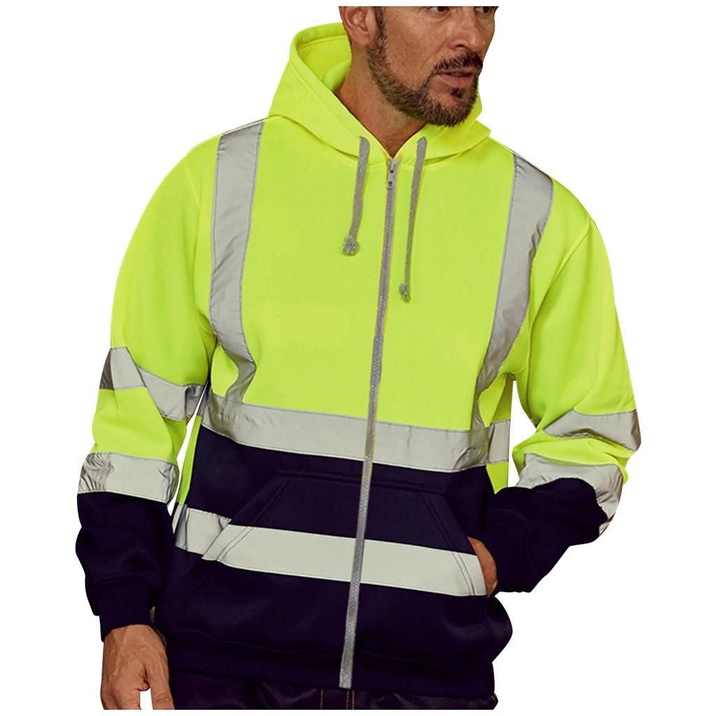 Mens Road Work High VisibilityPullover Long Sleeve Hooded Sweatshirt Tops Blouse