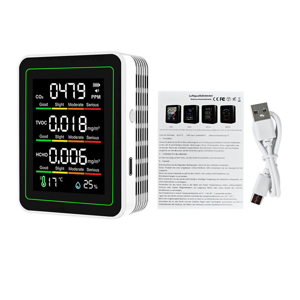 MT11 5-in-1 Air Quality Monitor Carbon Dioxide Detector Formaldehyde TVOC Temperature & Humidity Air Quality Monitor Type C Port