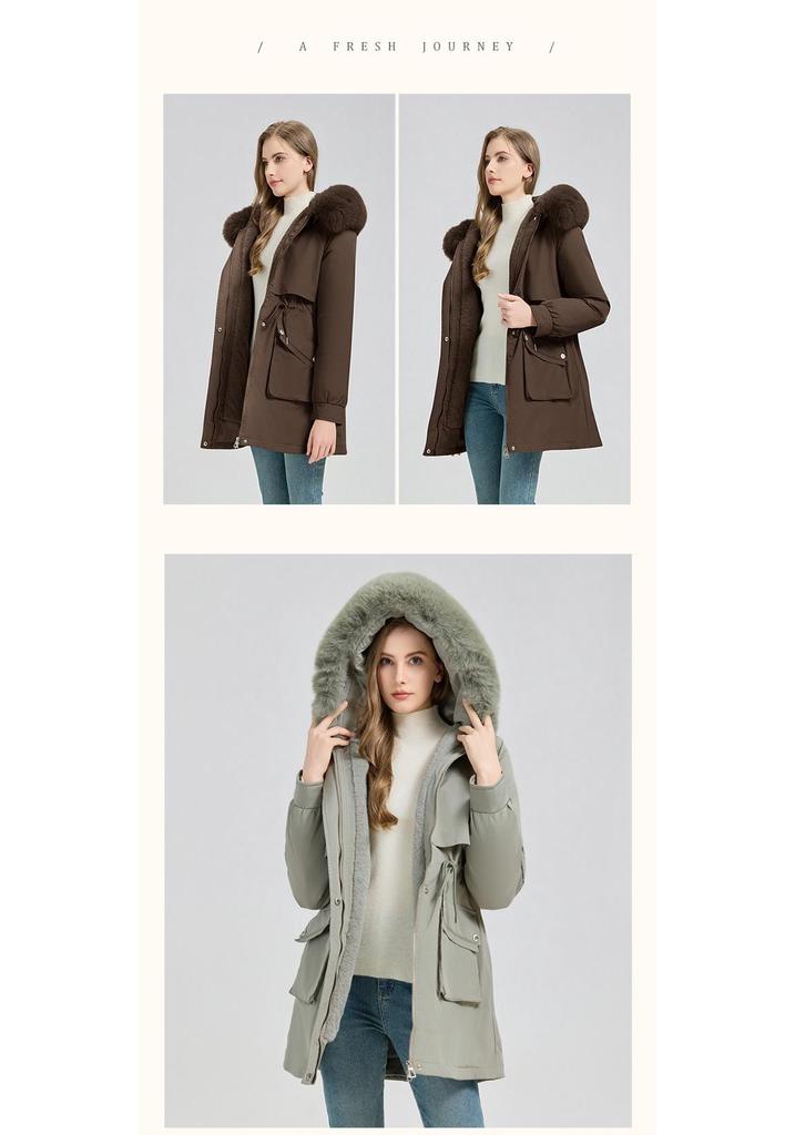 Women's Mid-Length Hooded Parka with Large Fur Collar, Korean Style, Versatile Plus Velvet Thick Down Cotton Jacket.