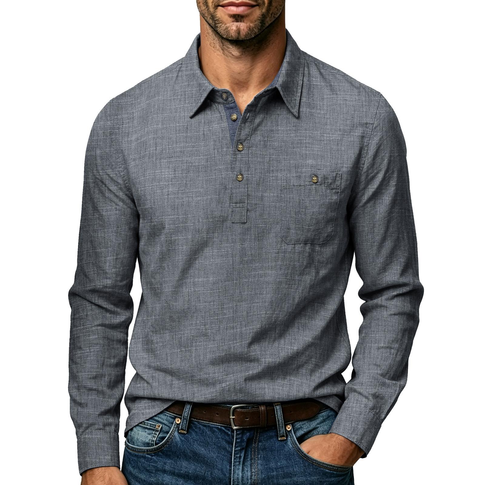 Mens Long Sleeve Button Collar Pullover Casual Cotton Linen Shirt M