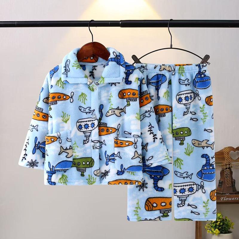 Kids' Flannel Pajama Set - Thick Coral Fleece Cardigan for Boys & Girls, Perfect for Autumn & Winter.