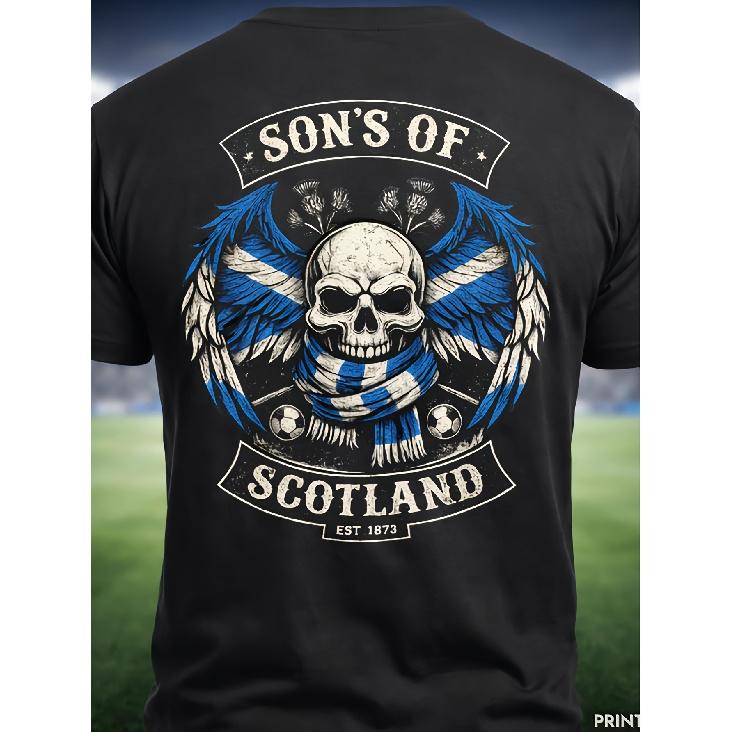 Scotland Football Shirt - Tartan Army Supporter Tee with Skull Wings Back Print | Sons of Scotland Design | Scottish Soccer Fan Gift | Machine S чёрный