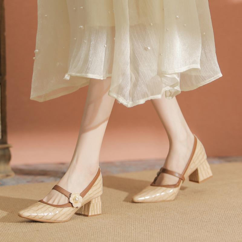 Shoes women's spring and autumn new thick heel square head high heels medium heel single shoes women