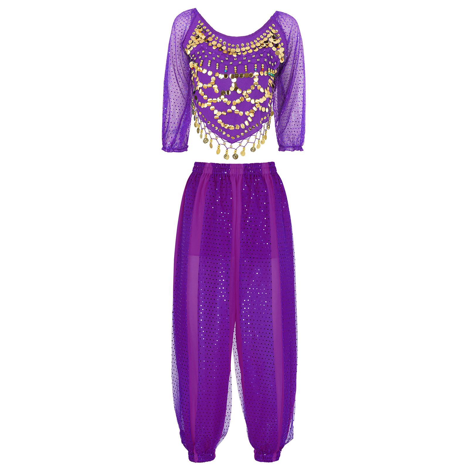 

Жіночий костюм для танцю живота, блискітками розшитий шифоновий топ з шароварами, самозав язувальний дизайн ззаду для сценічних виступів