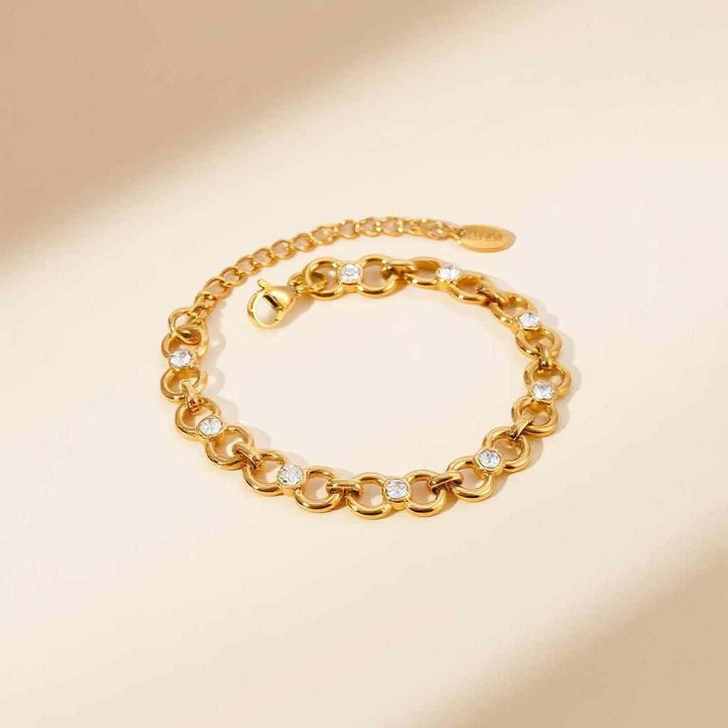 Women's Fashion Exquisite Zircon Handmade Round Chain Bracelet, 18K Gold-plated Stainless Steel Wristband, Luxury Jewelry Gift