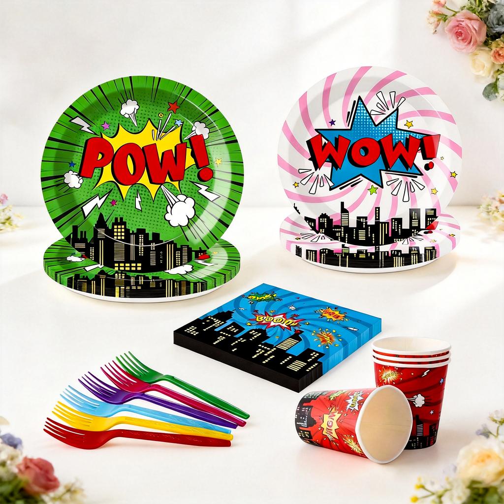 120 Pcs Super Theme Party Plates Cups And Napkins Forks For Comic Heroes Birthday Decorations 'S Action Sign Cityscape