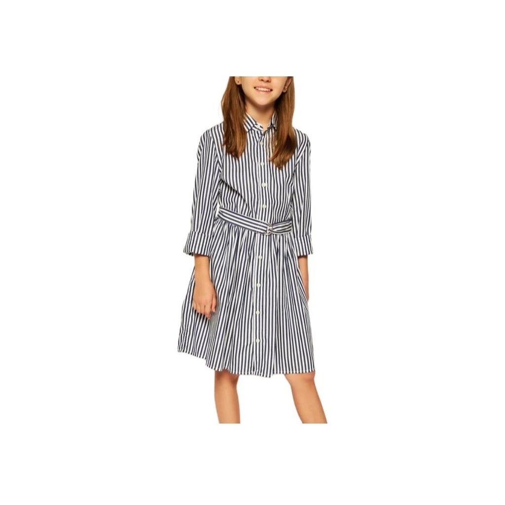 Polo Ralph Lauren Striped Print Collar Midi Long Sleeve Dress Kids Dresses White 313785816-003