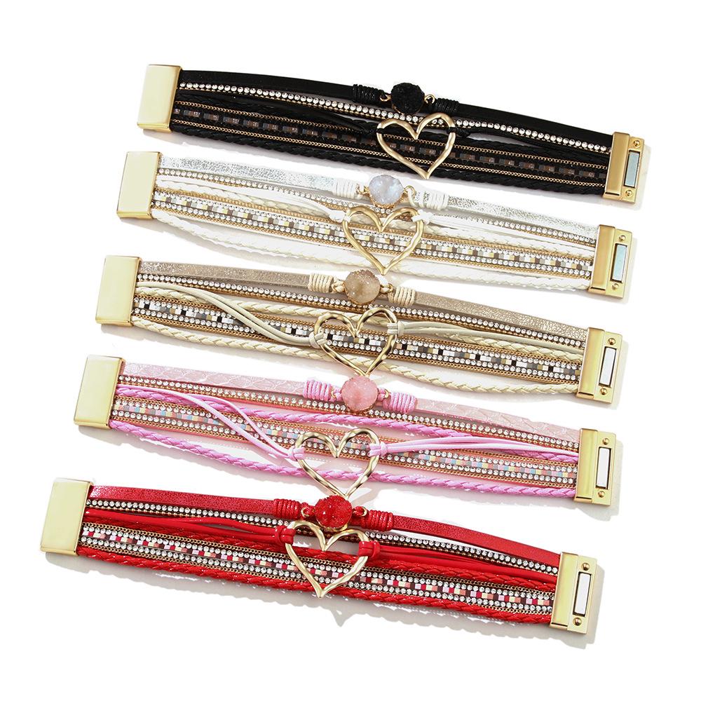Bohemian Heart Rhinestone Magnetic Clasp Faux Leather Bracelet for Women