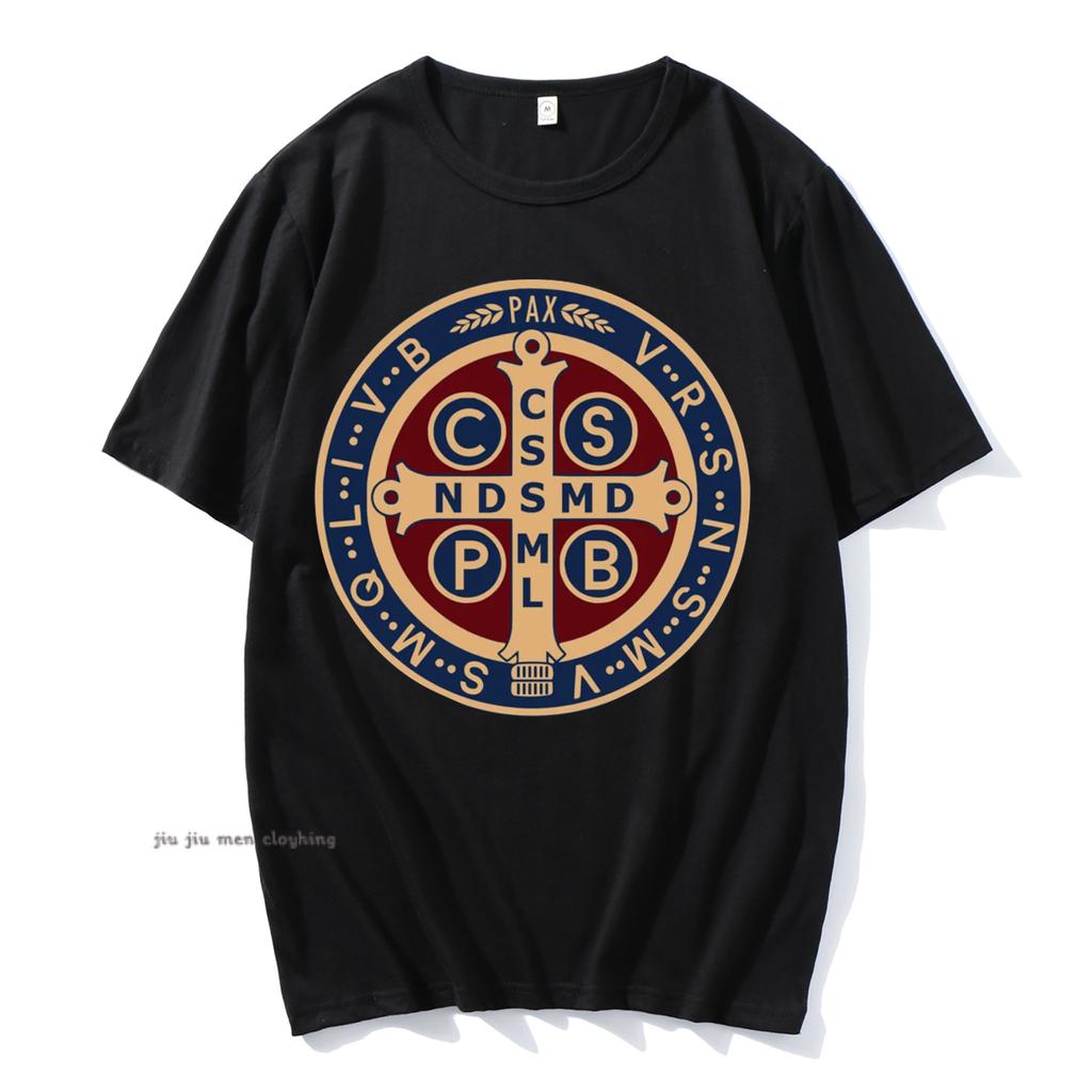 The Saint Benedict Medal Catholic Pullover T-Shirt Camisas Men Women Casual Printed Cotton T Shirt Vintage Harajuku  Oversized T
