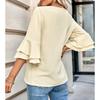 Womens Loose V-Neck Ruffle Sleeve Casual Top - Solid Color Breathable Stretch Fabric Short Blouse Daily Wear