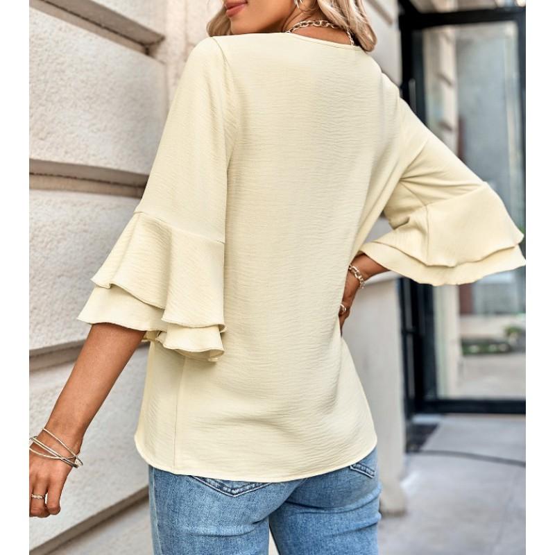 Womens Loose V-Neck Ruffle Sleeve Casual Top - Solid Color Breathable Stretch Fabric Short Blouse Daily Wear
