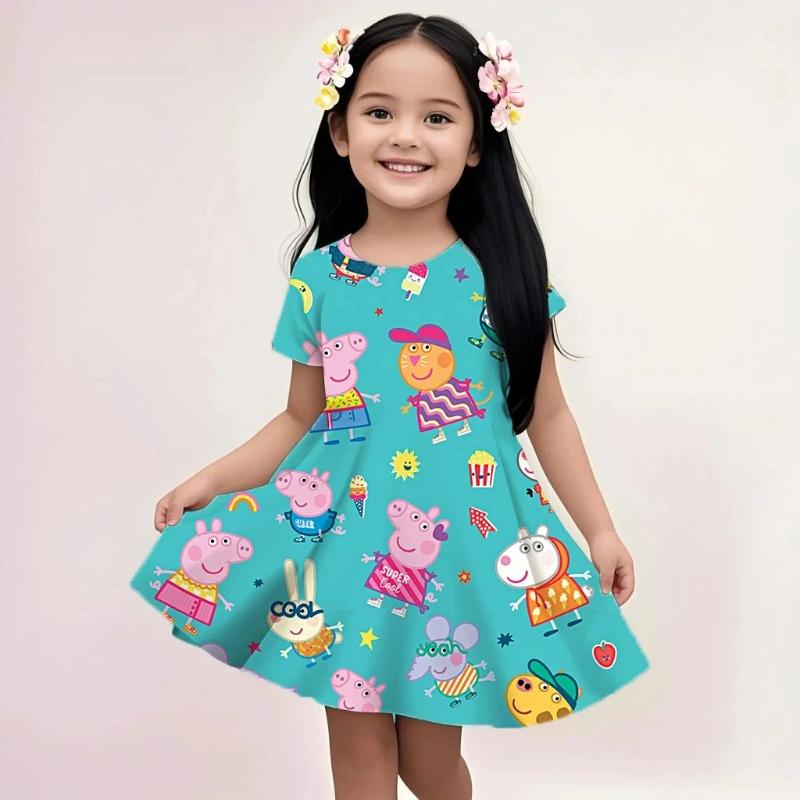 Summer Girls Cute Dress Peppa Pig Cartoon Print Casual Fashion Beach Sundress Soft