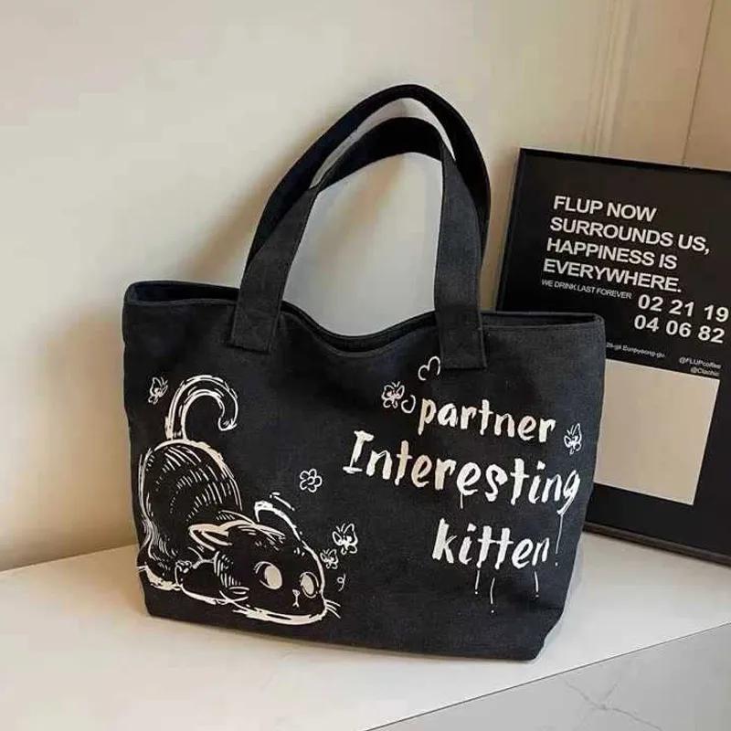 Carto Canvas Tote Bags Creative Cat Print Shoulder Bags Casual Versatile Large Capacity Handbags New Popular Student Backpacks