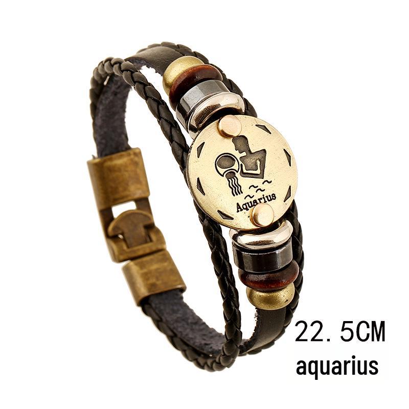 Twelve Constellations Genuine Leather Multi-layer Bracelet - Retro Woven Design for Couples