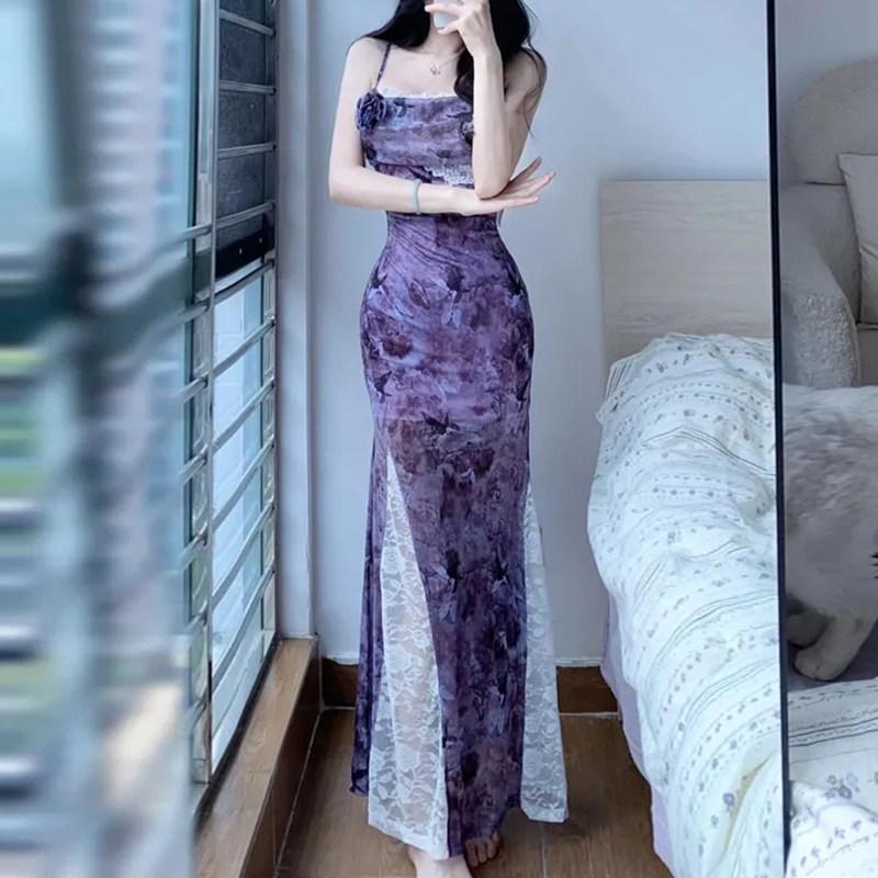 Sweet & Spicy Purple Summer Lace Maxi Dress – Figure-Flattering & Waist-Cinched Strappy Design Medium