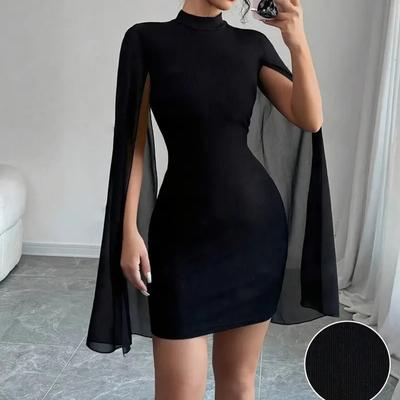 Women's Fashionable Casual Solid Color Round Neck Ribbed Chiffon Cape Bodycon Dress