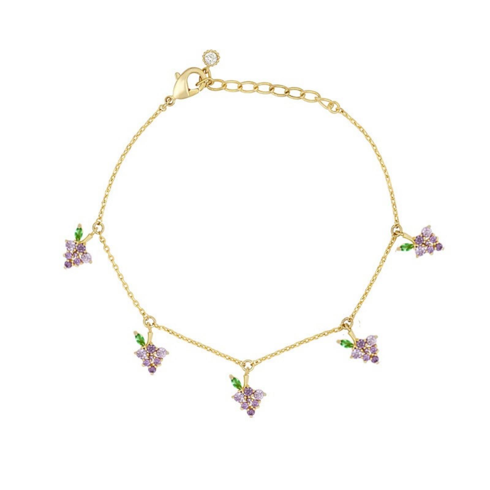 

1 Piece INS Colored Fruit Anklet Grape Peach Cubic Zirconia Brass 18K Gold Plated Foot Chain For Women Beach Gifts 22cm+3cm Long виноградный